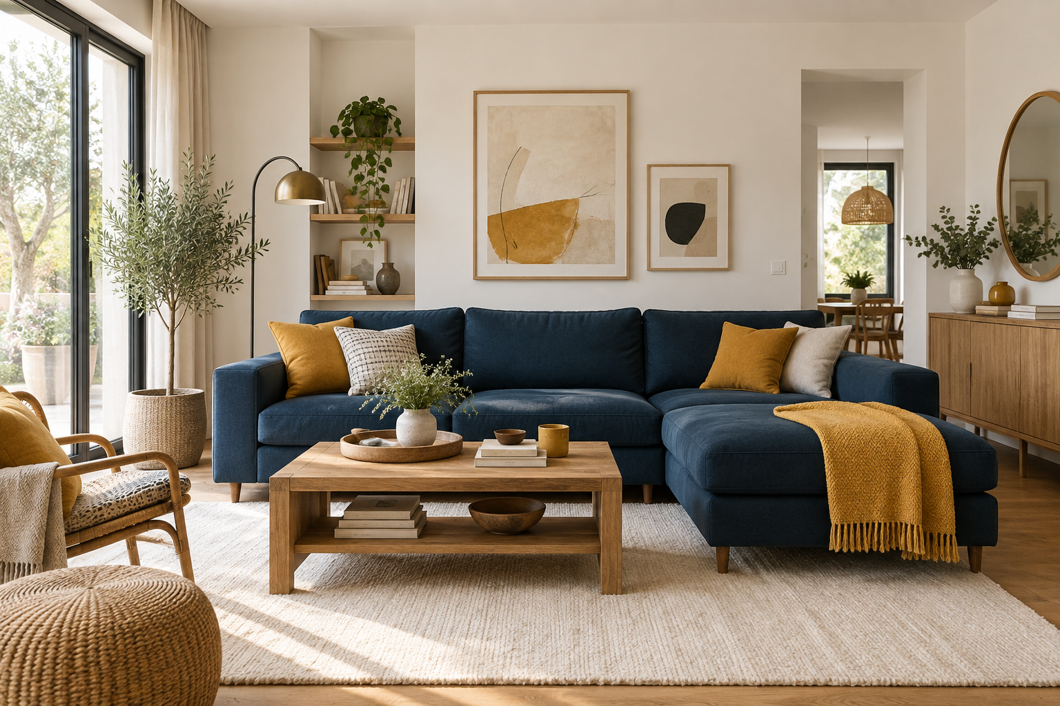 Sala de inspiración con sofá azul, madera natural y detalles mostaza